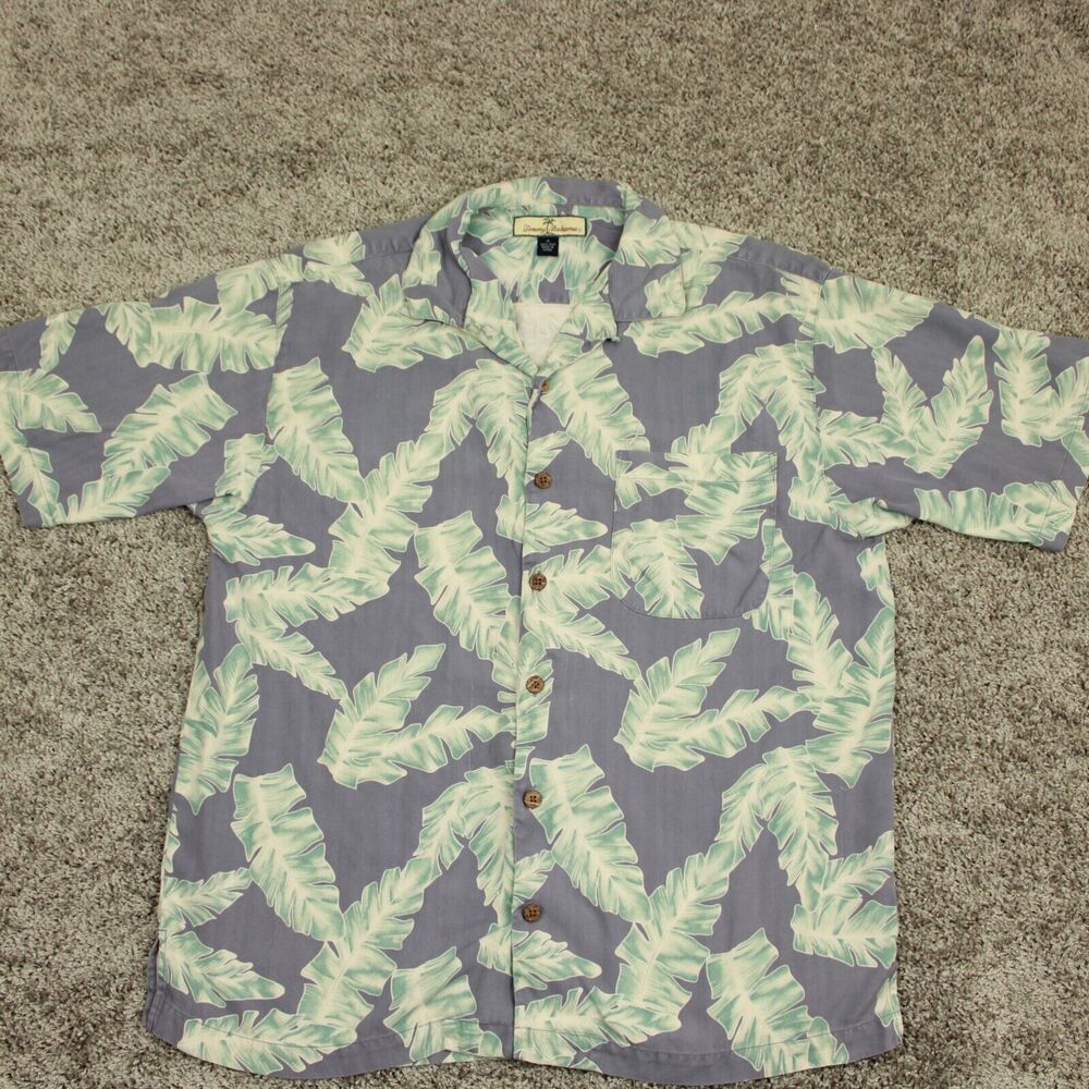 Tommy Bahama Silk Hawaiian Shirt Mens M Blue Green Palm Leaf